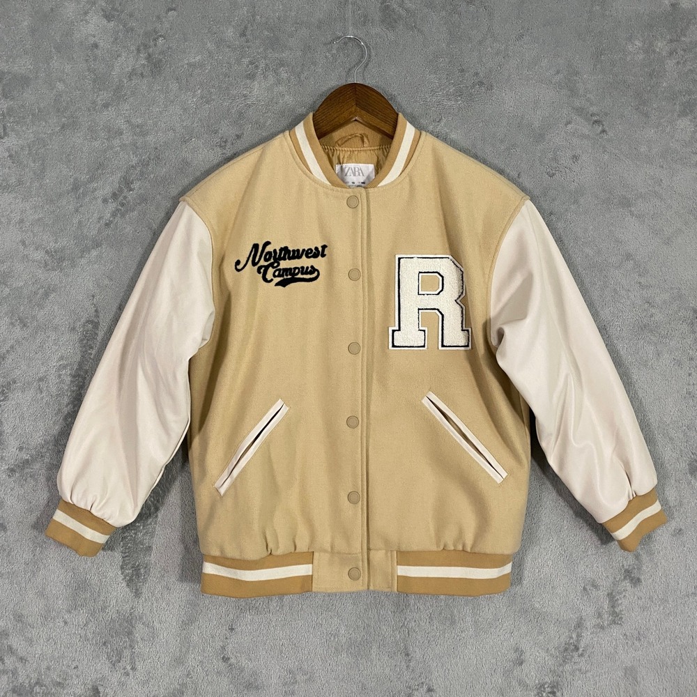 Zara Varsity Jacket Kids Size 10 Tan Northwest‎ Campus Letterman Bomber Jacket